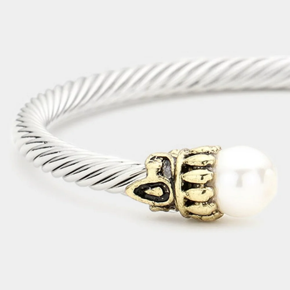 White Pearl Tip Twisted Cable Rope Style Cuff Bracelet Bangle Metal Accessory